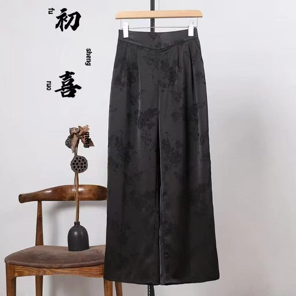 2《桑丝段加长款阔腿裤》妈妈裤国风刺绣缎面提花梅花刺绣宽松.显瘦