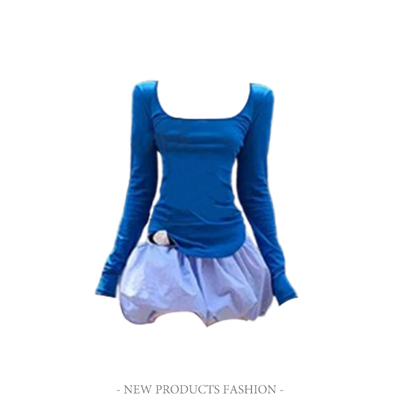 熠治设计感气质御姐穿搭两件套装女早春新款蓝色上衣纯欲风短裙子