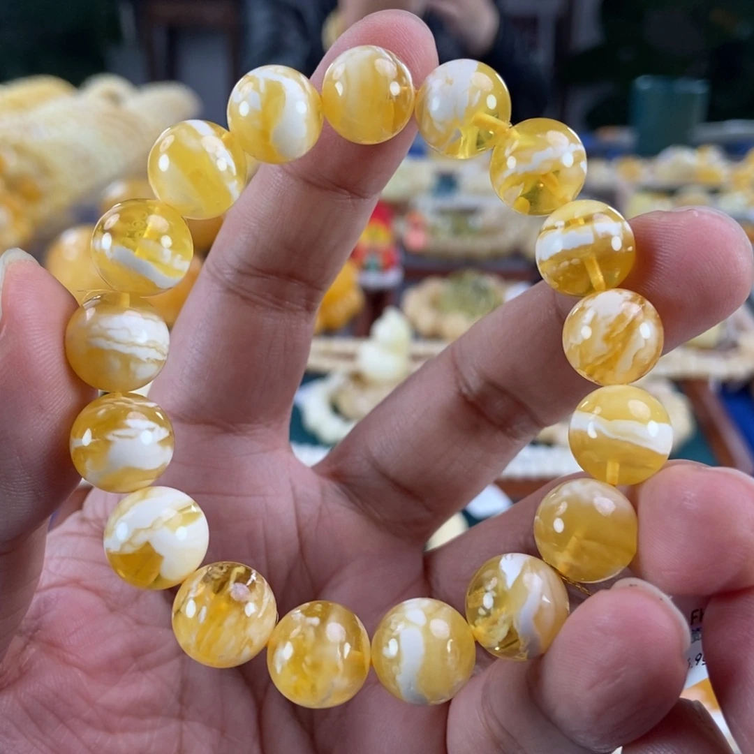琥珀未镶嵌珠宝奇石12金瓷白虎皮纹手串16.9