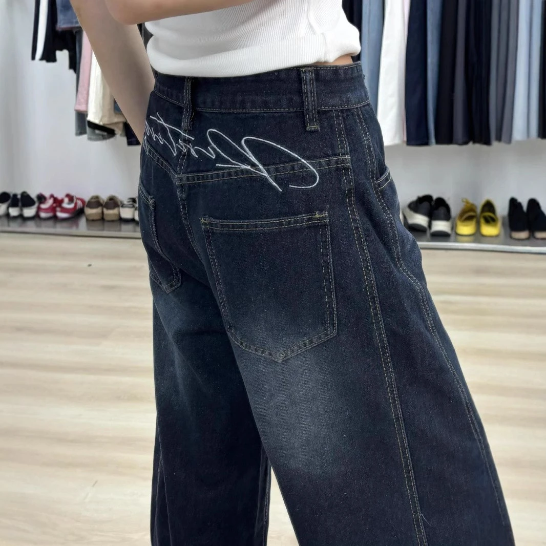 大码复古做旧水洗弯刀短裤女夏季薄款高腰显瘦宽松阔腿牛仔七分裤