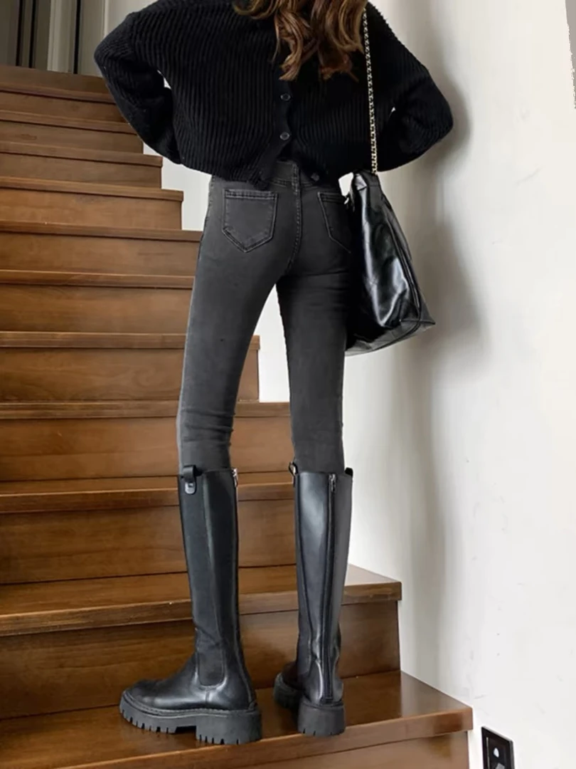 7049 高腰牛仔裤女2024年秋冬新款显瘦修身加绒小脚裤子