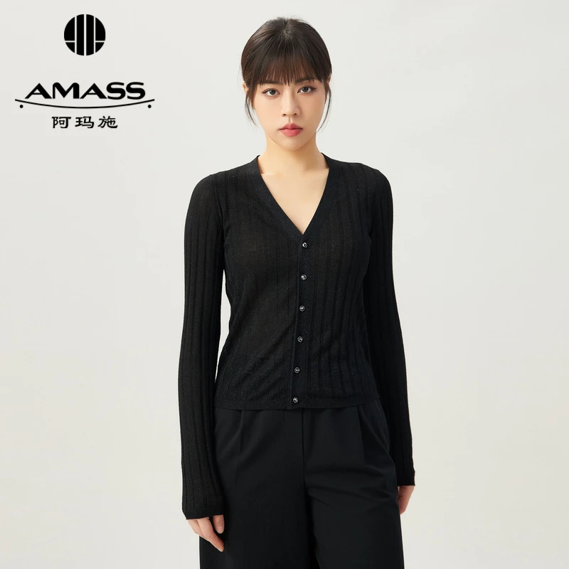 AMASS/阿玛施长袖新款V领金银丝面料舒适百搭针织短开衫女5499204