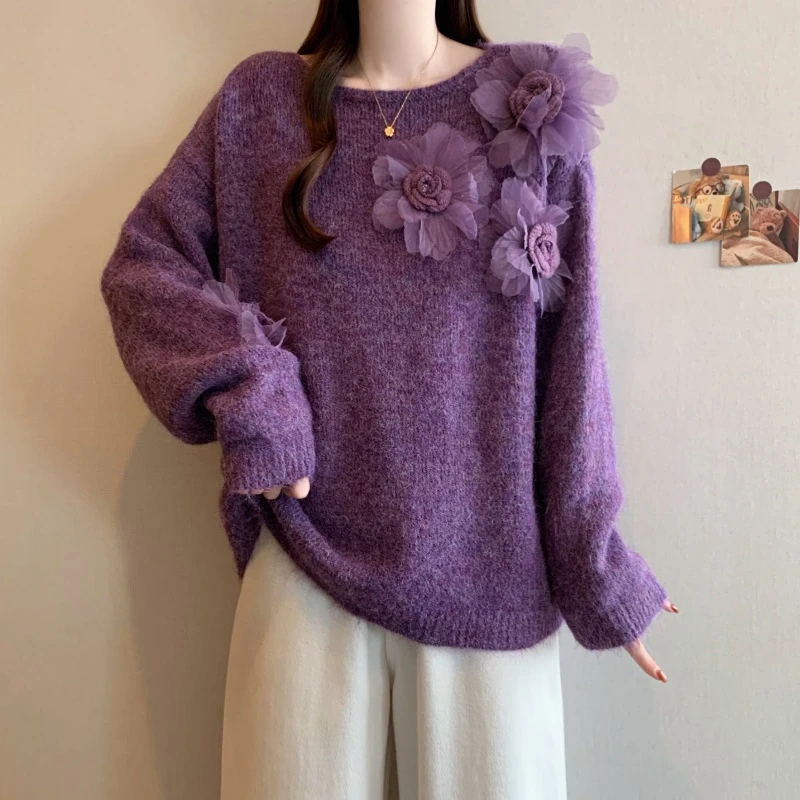 法式气质花朵紫色毛衣内搭秋冬2025新款大码女装胖mm宽松针织上衣