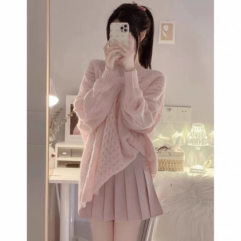 2025年新款显瘦温柔风宽松秋季时尚女装毛衣百褶半身裙两件套装