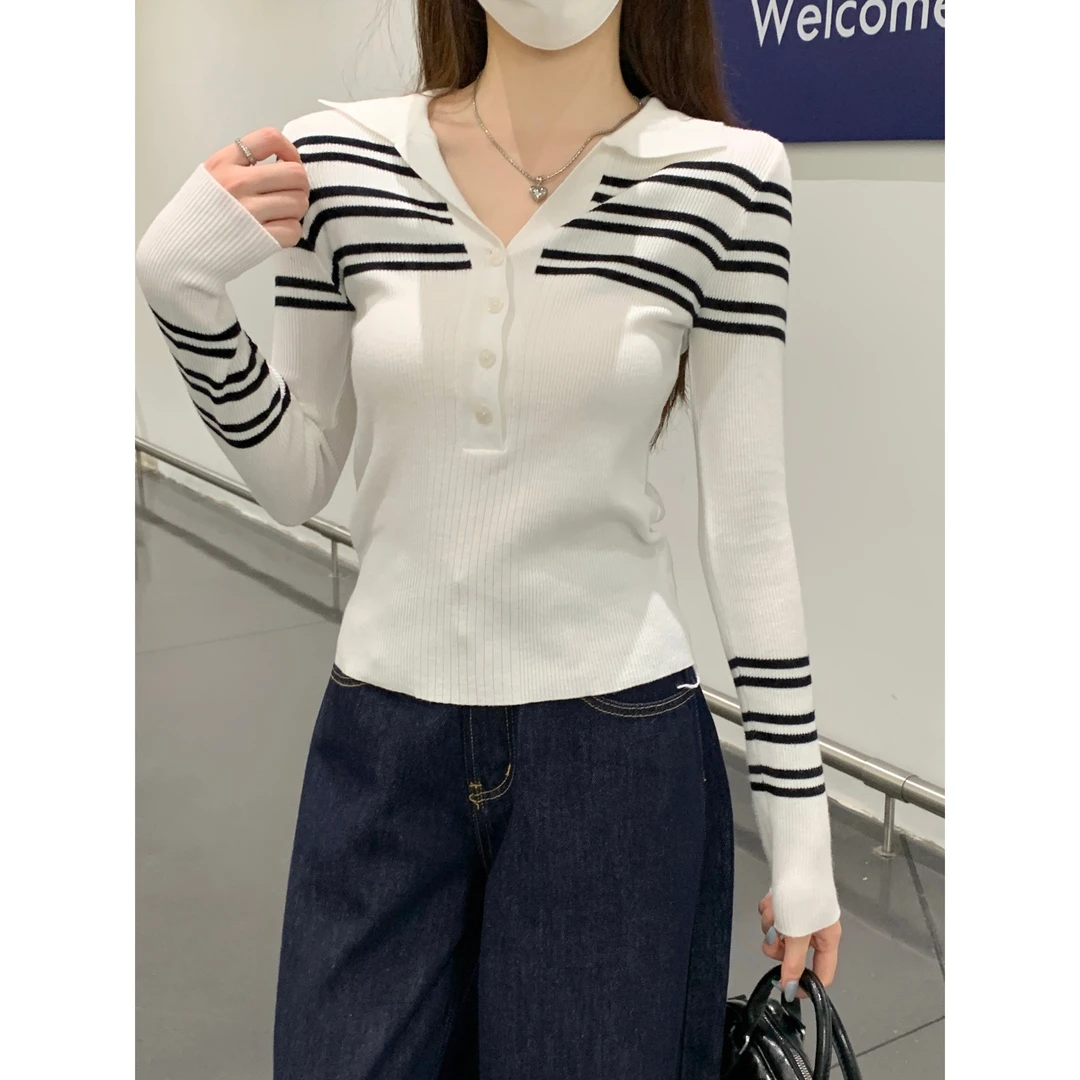 早秋韩系撞色系条纹Polo领气质百搭设计感显瘦长袖针织衫上衣女