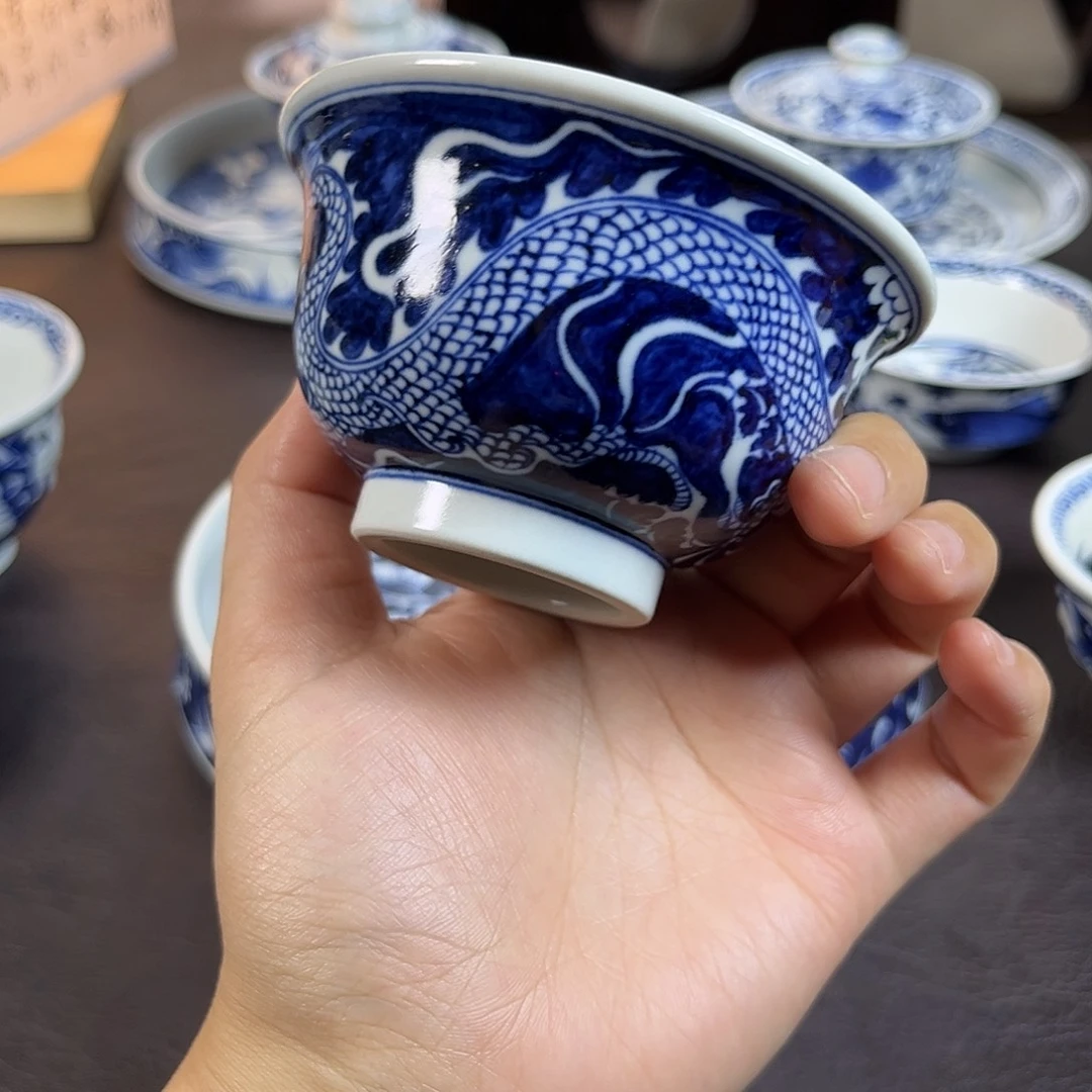 朝岚夕霞窑原矿釉烧制全手绘青花龙纹主人杯