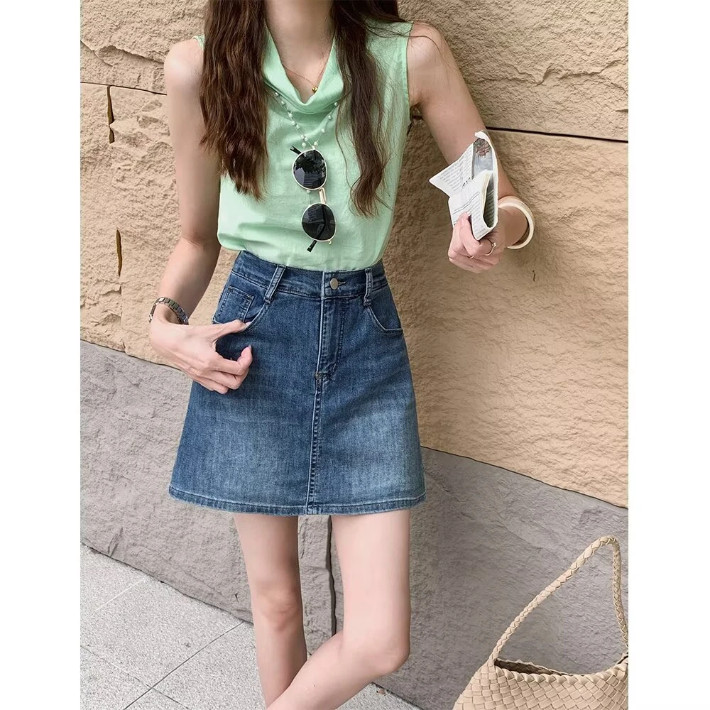复古蓝牛仔短裙裤高腰夏季大码胖mm遮肚子显瘦梨形身材a字半身裙