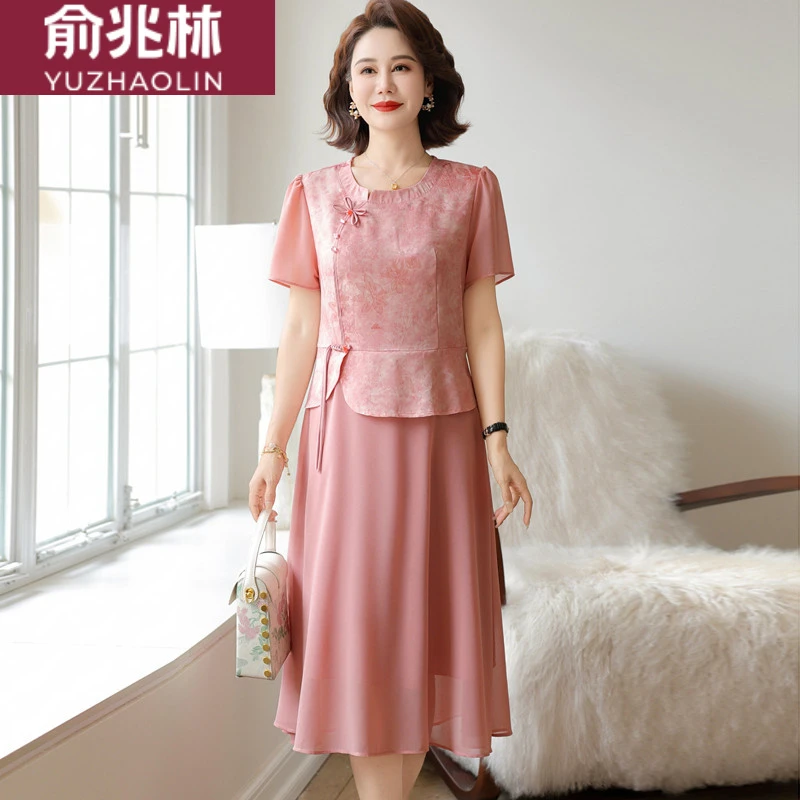 俞兆林新中式妈妈夏装2025新款连衣裙洋气中老年雪纺裙子女假两件
