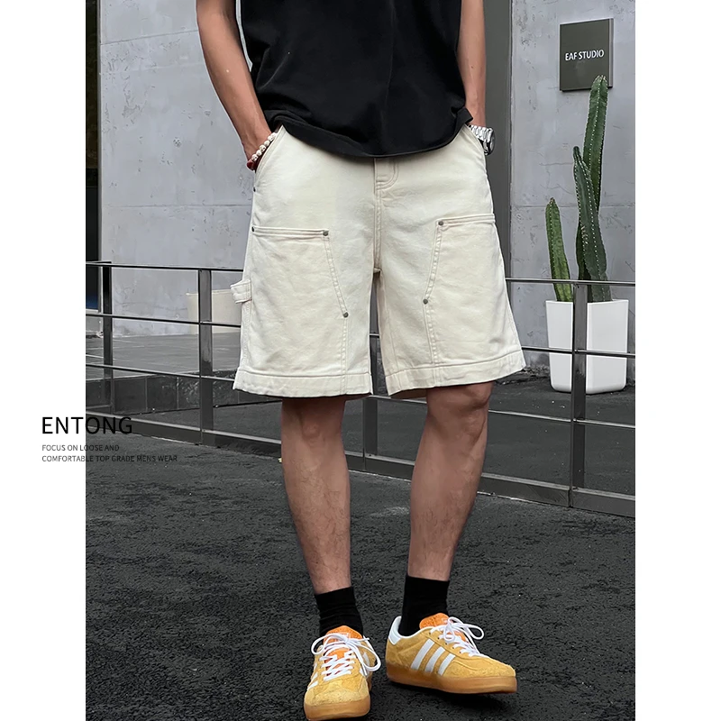 Entong美式铆钉宽松工装短裤男生夏季潮牌百搭直筒伐木五分中裤子