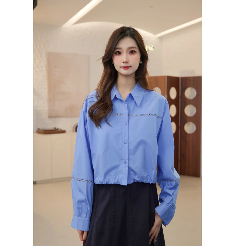 初语2026春季新款翻领百搭法式短款长袖时尚小众抽绳收腰小众衬衫
