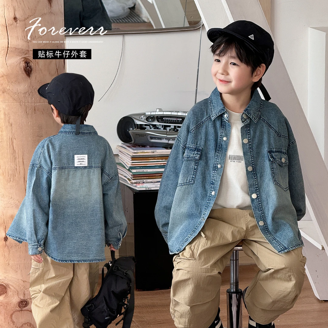 AC5068棉小班男童韩版衬衫儿童2025春季做旧贴标牛仔外套男孩上衣
