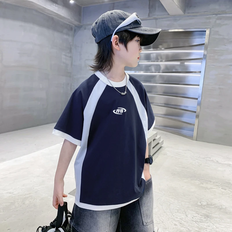 潮牌儿童拼色恤夏季年新款宽松男童夏装短袖中大童半袖上衣