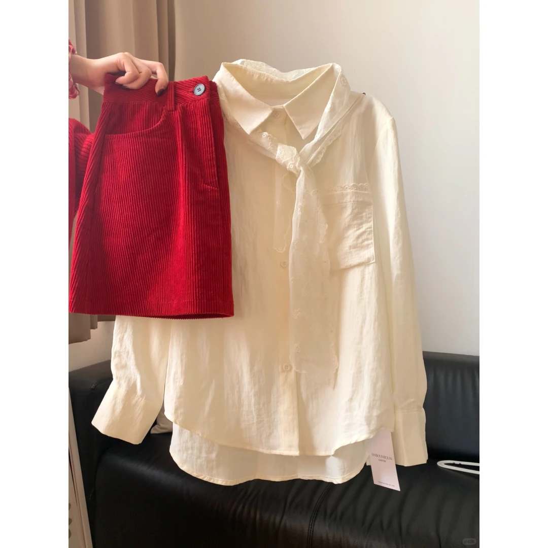 韩系拼接蕾丝衬衫半身裙套装女秋冬季新款氛围感上衣短裙气质穿搭