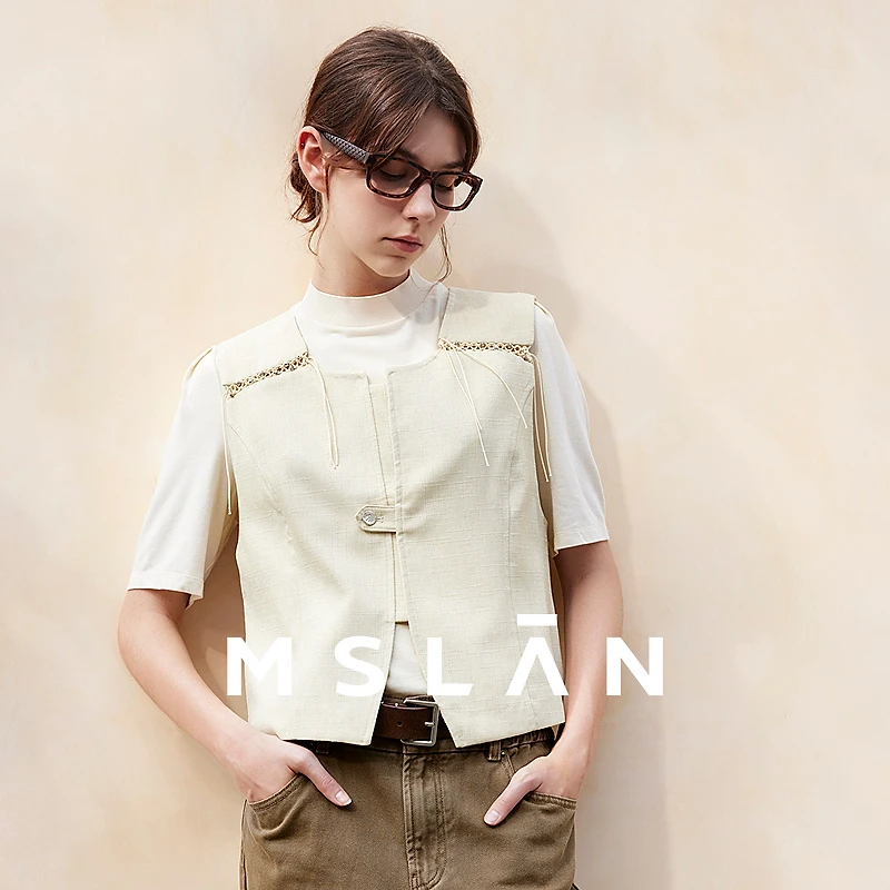 MSLAN【商场同款】春季新款大圆领露脐编织流苏马甲MGAW279