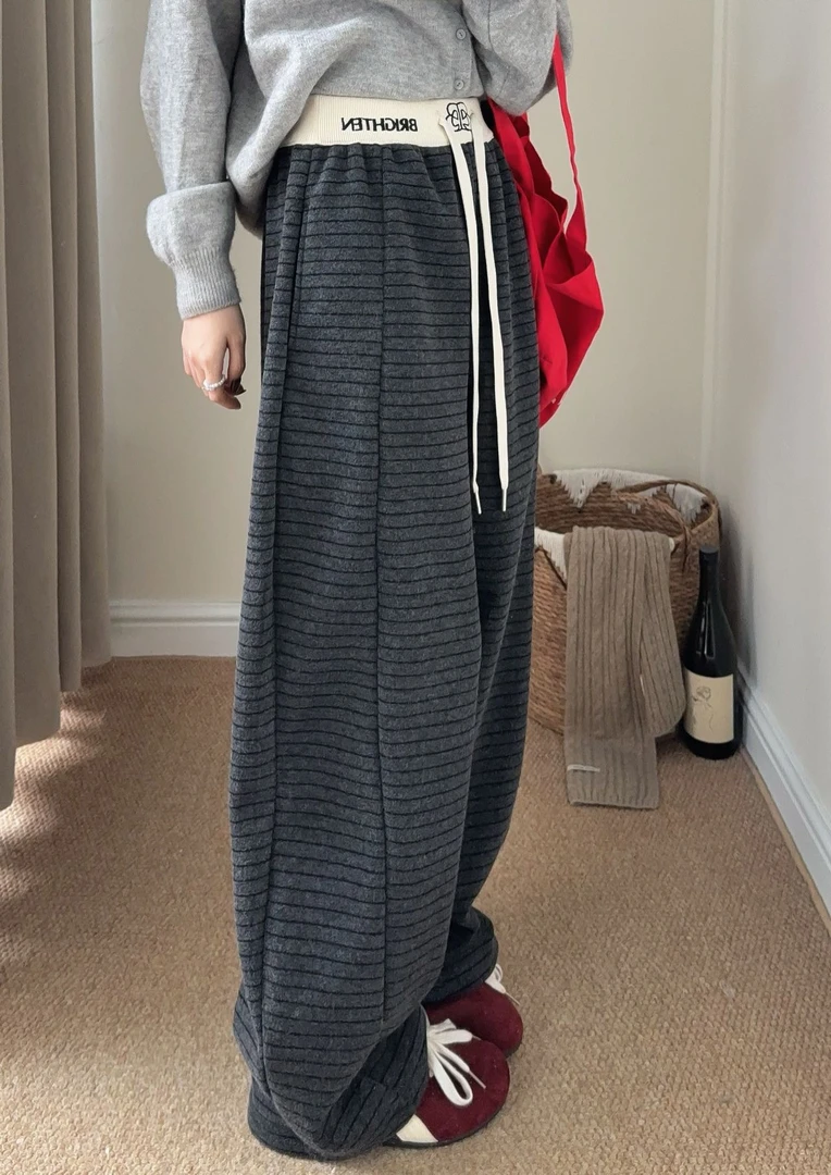 YD-韩系！条纹拼色裤25秋冬加绒加厚直筒休闲裤长裤女