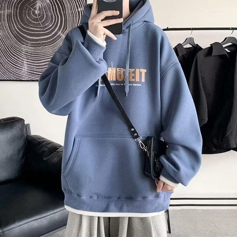 港风连帽卫衣男女秋冬季潮牌字母印花假两件加绒宽松休闲百搭帽衫