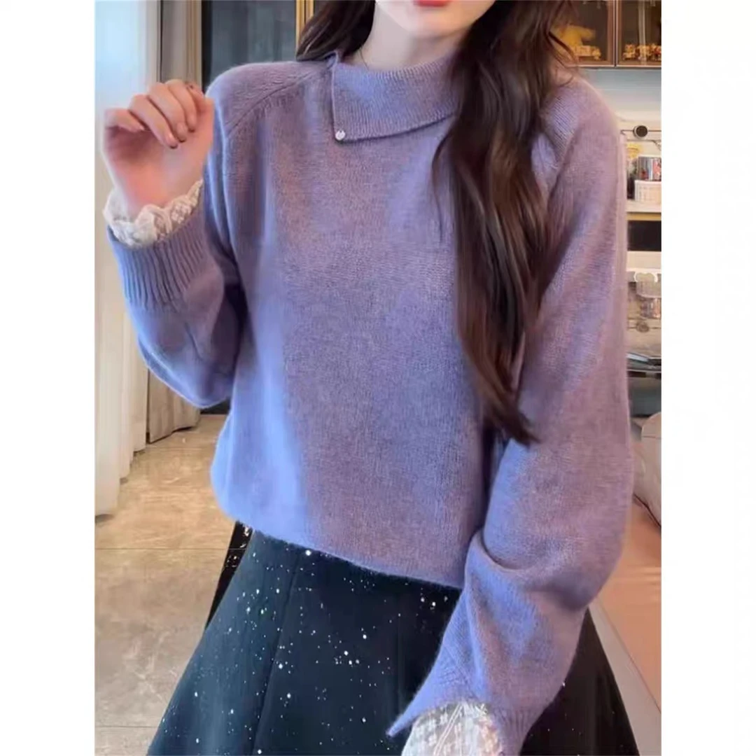 【锦衣服饰】JF 1 翻领袖口拼接蕾丝毛衣