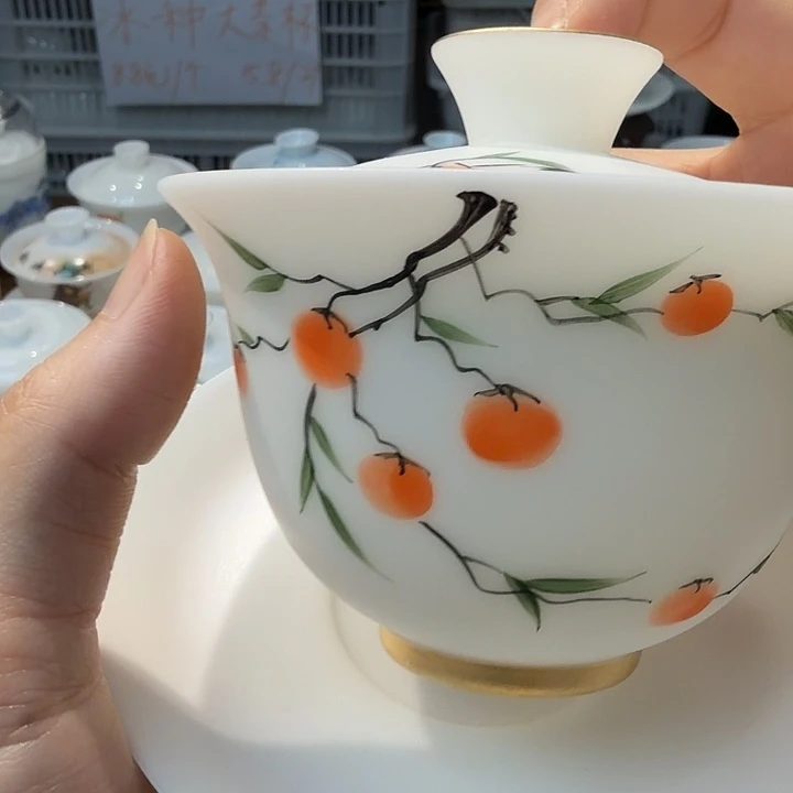 素烧冰种手绘三才柿柿如意