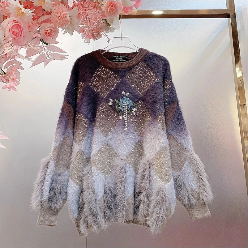 A539欧美设计师2025冬季新款重工烫钻菱格拼接针织毛衣女