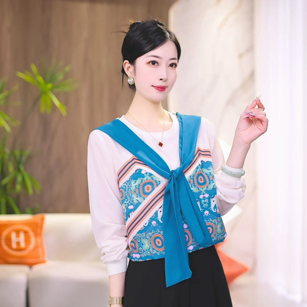 【碧色菱花】25夏款新款百搭时尚气质减龄长袖披肩款T恤上衣 送披肩