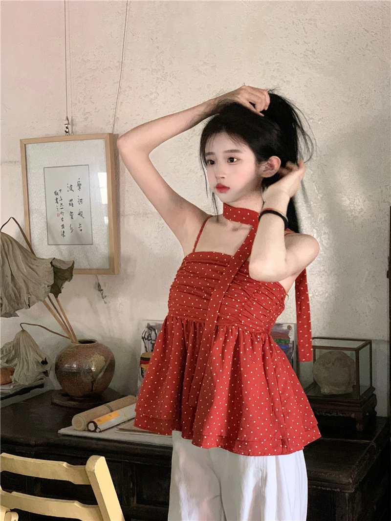 2025新款甜辣风挂脖波点吊带背心女夏季性感设计感收腰红色上衣