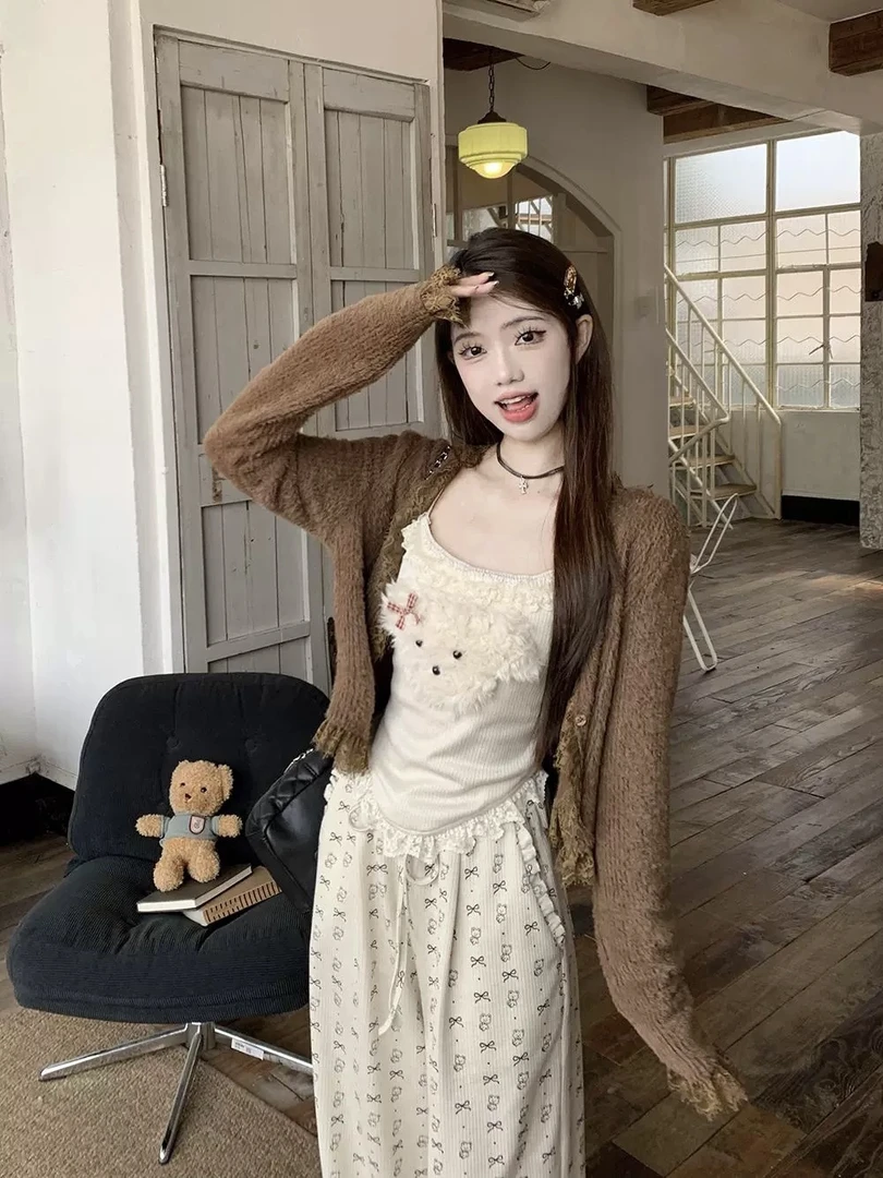 奶糖家 现货青【超萌小狗】春秋棕色甜美吊带三件套家居服睡衣