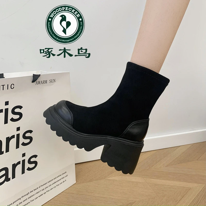 啄木鸟瘦瘦靴女增高美拉德短靴2025春秋复古高跟弹力靴粗跟弹力靴