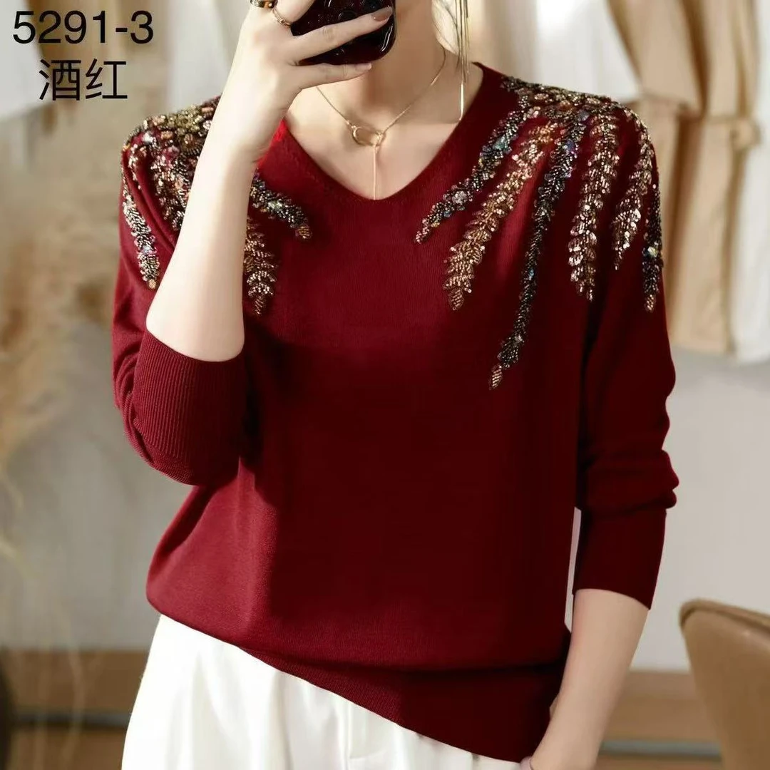 重工烫钻手工穿珠时尚百搭天丝针织衫5291