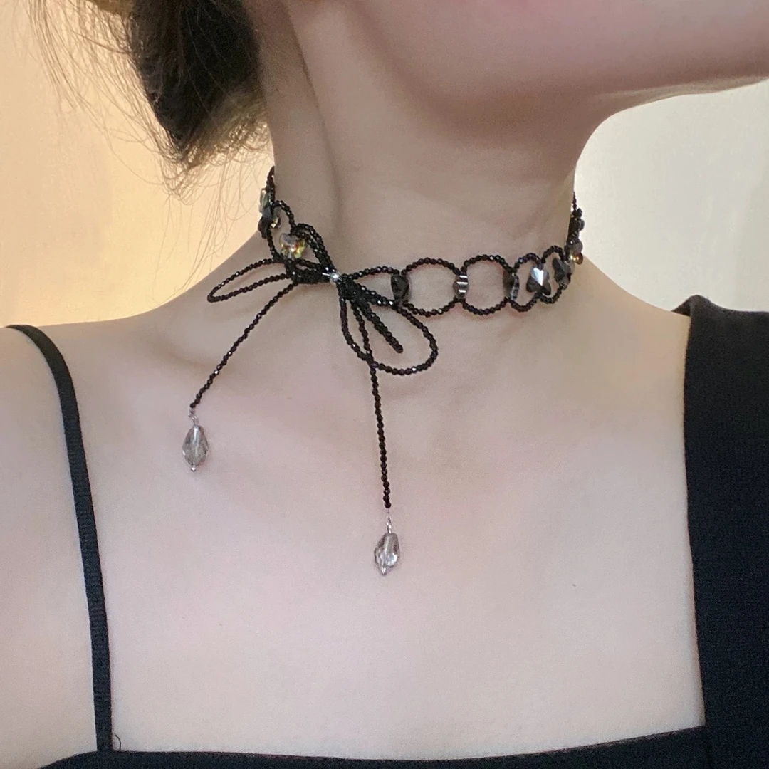 合金钨金项链 幻彩水晶编织黑色串珠蝴蝶结流苏项女锁骨链项圈