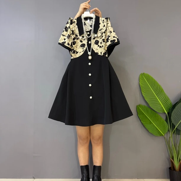 新款大码女装时尚微胖洋气碎花拼接显瘦连衣裙