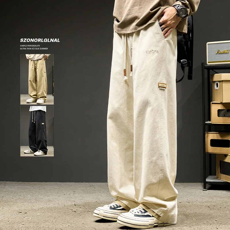 纯棉百搭裤子男新款美式直筒长裤男生复古痞帅风阔腿裤男裤夏季
