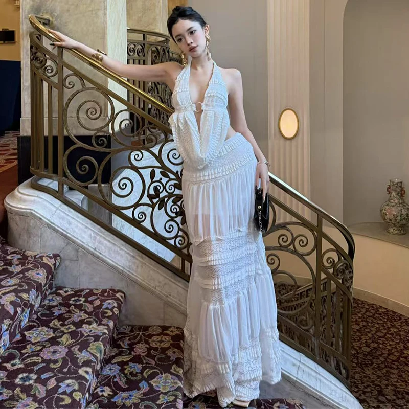 设计高级感V领绑带露背背心网纱微透半身裙长裙套装女