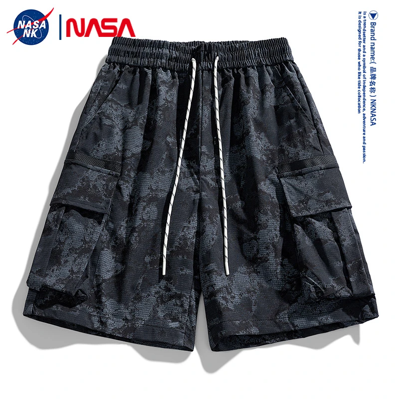 NASA联名美式扎染多口袋工装短裤男夏季潮牌直筒宽松阔腿五分裤子
