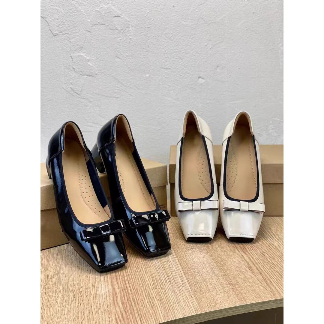 新款牛漆皮方头低跟蝴蝶结配裙子不累脚浅口单鞋女真皮G1-2790