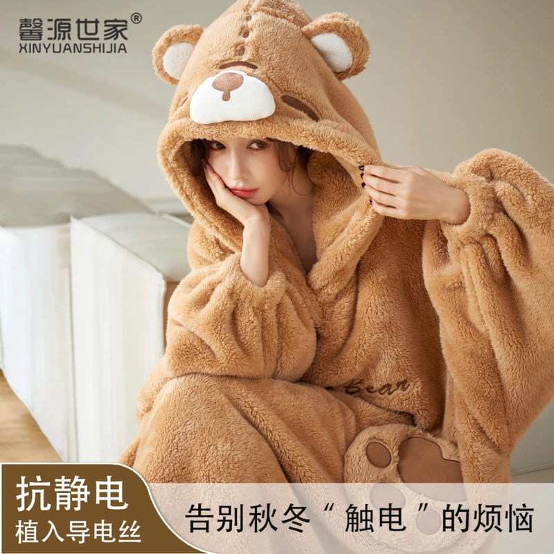 【小熊立耳】秋冬加绒连帽长款保暖毛绒冬天睡袍女冬加厚加绒