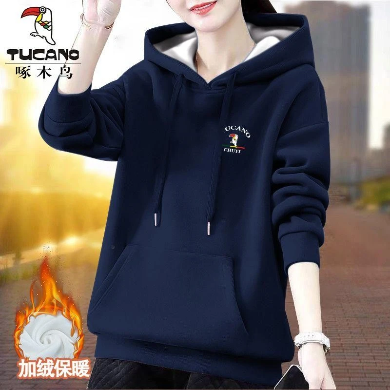 啄木鸟印花连帽女士卫衣秋冬2024新款洋气休闲小个子加中学生卫衣