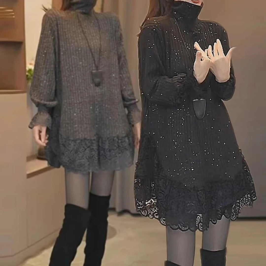 【万达撤柜】韩系黑色蕾丝花边拼接亮闪闪上衣大码别致独特超好看高