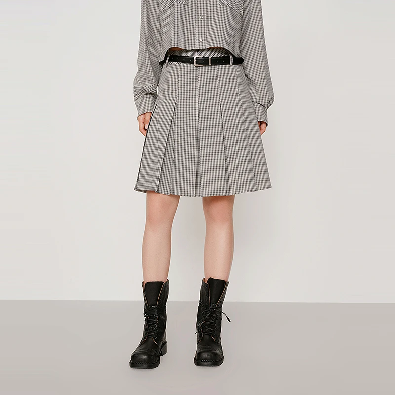 HPLY荷比俪2025秋新款女黑白格纹百褶半身裙HYF34700173