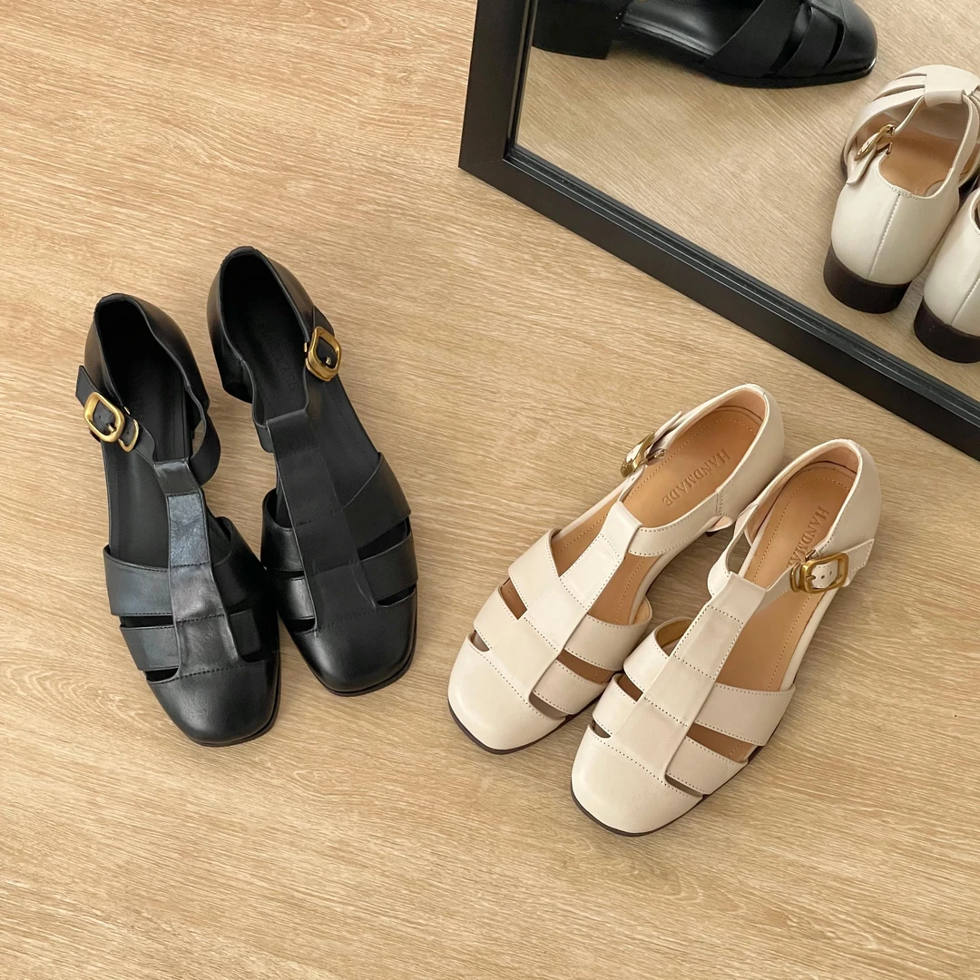 HUSSLOVE 头层牛皮·跟高2.5CM·百搭复古编织镂空包头罗马凉鞋女