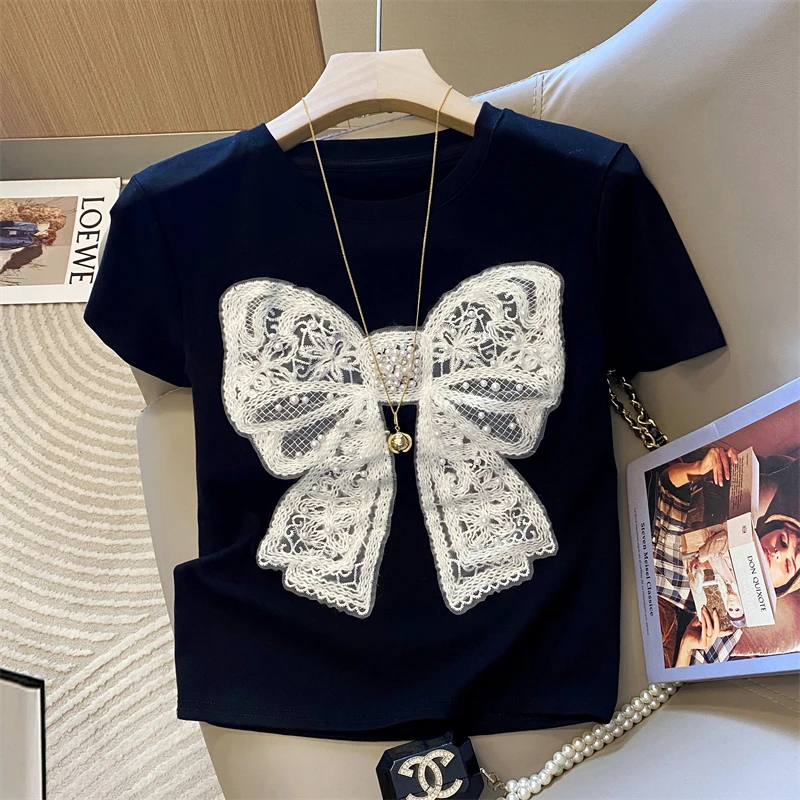 法式温柔风显瘦蝴蝶结正肩t恤女2025夏季新款黑色气质圆领上衣