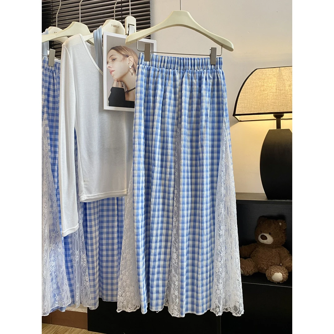 韩系甜美设计感蕾丝拼接撞色格子半身裙女2025夏新款大摆a字长裙