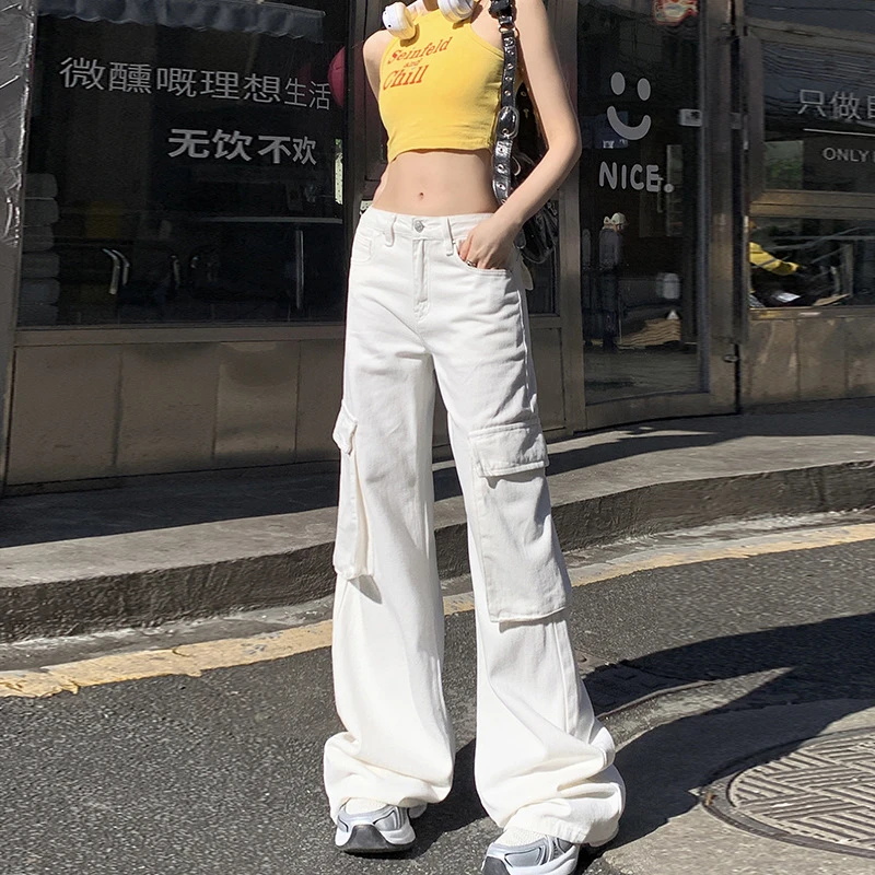 高质量爆款白色多口袋牛仔工装裤女2025年春秋美式辣妹高腰设计感