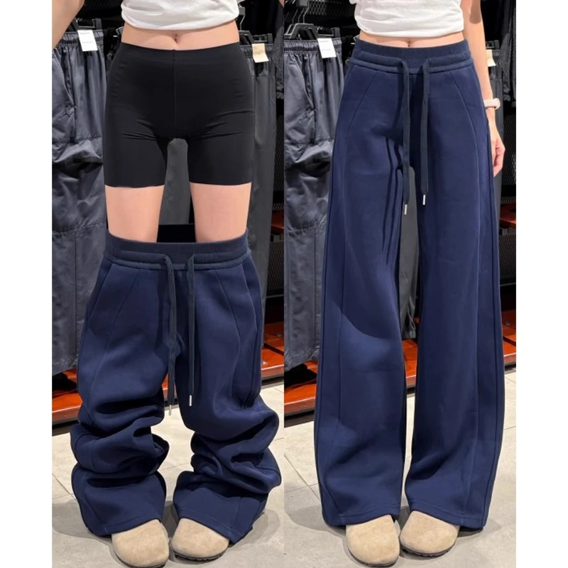 藏青色窄版运动卫裤女秋季2025新款高腰显瘦加绒lulu休闲阔腿裤子