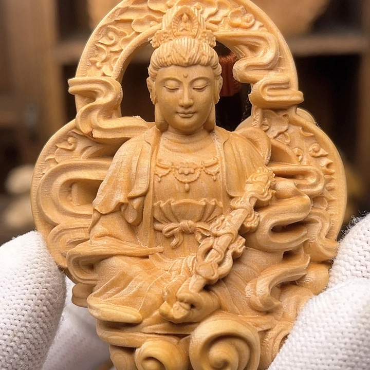 木文殊菩萨守护兔子生肖挂件