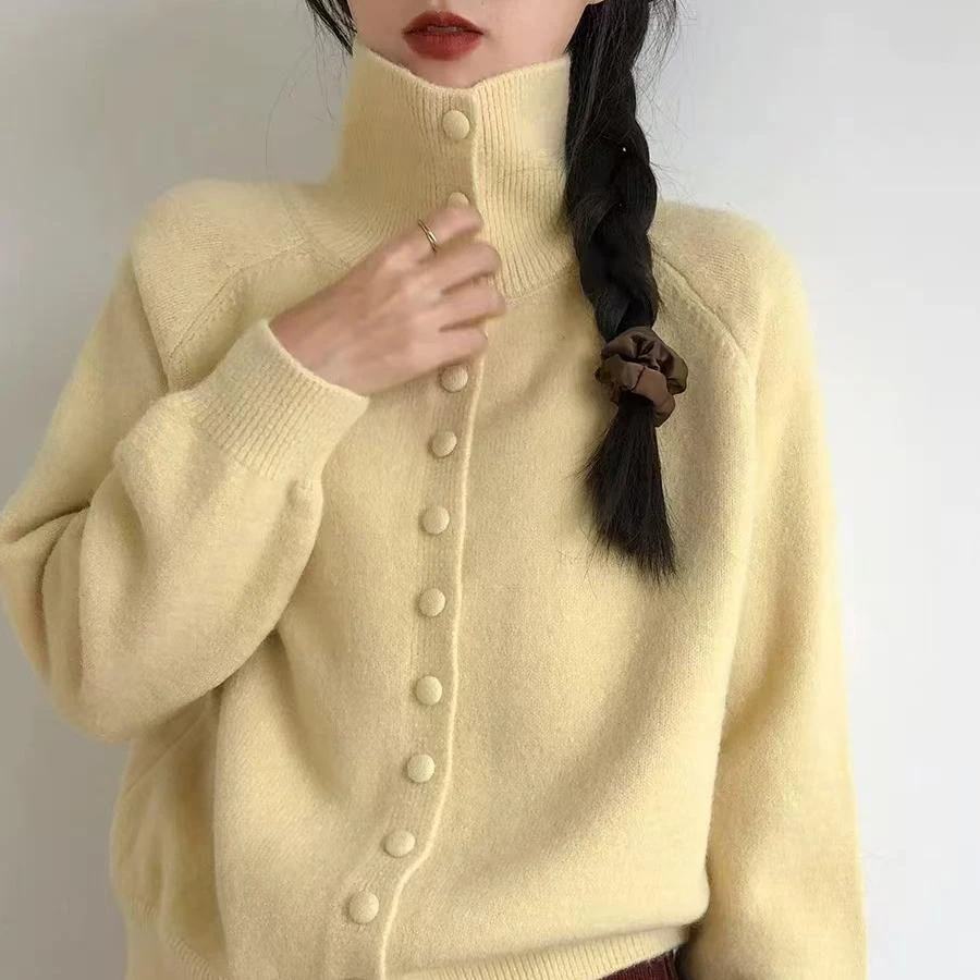 韩系慵懒风高领针织开衫女2024秋冬季新款复古高级感宽松毛衣外套