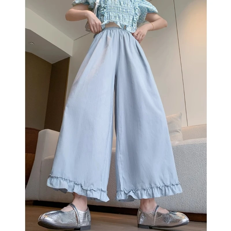 蓝色木耳边裙裤女夏季新款高腰显瘦亚麻裤宽松直筒休闲九分阔腿裤