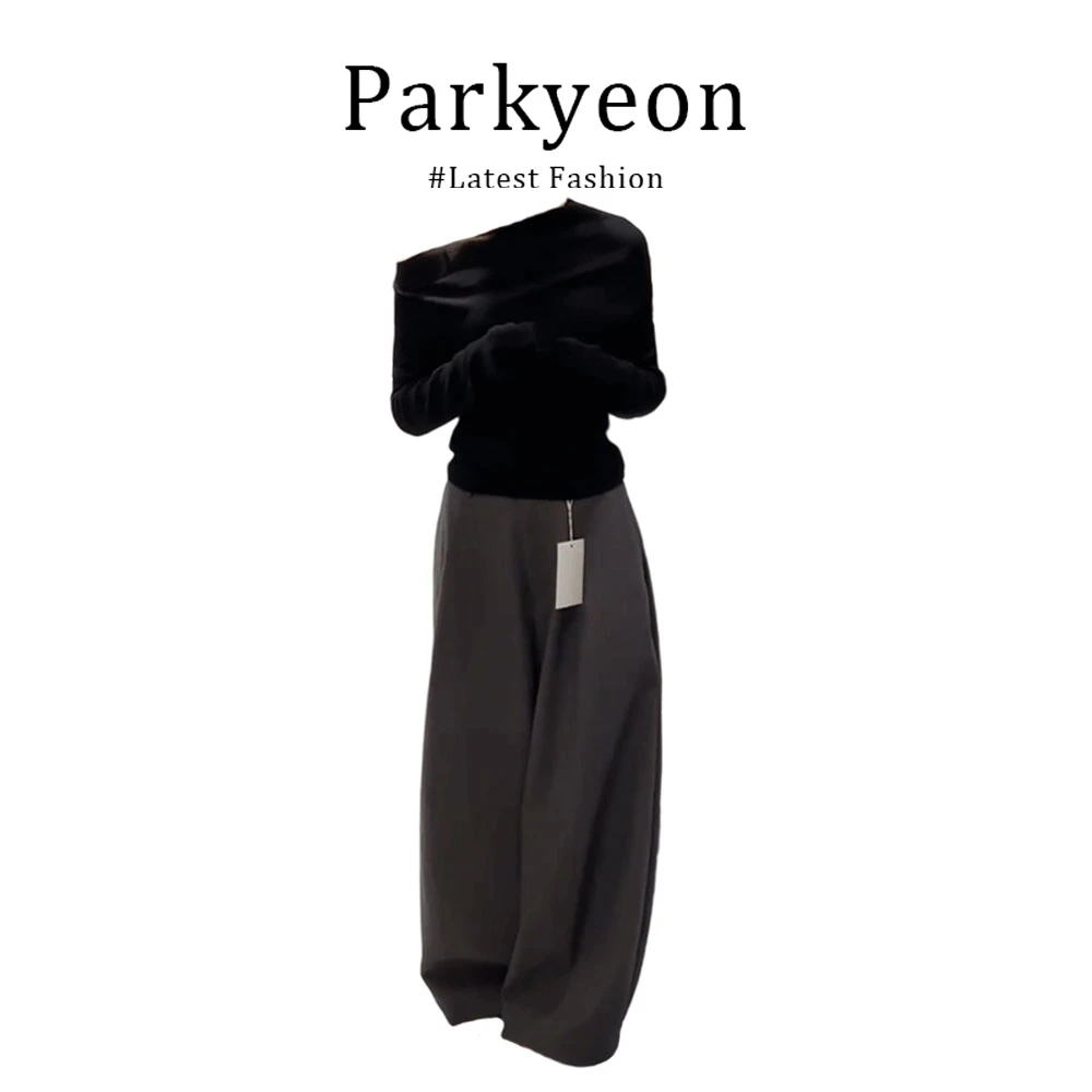 parkyeon早秋韩系慵懒风松弛不规则黑色针织衫上衣阔腿休闲裤套装
