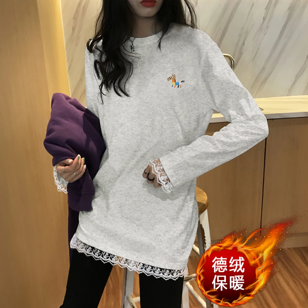 秋冬德绒保暖长袖T恤女宽松蕾丝拼接中长款遮肉打底衫休闲上衣
