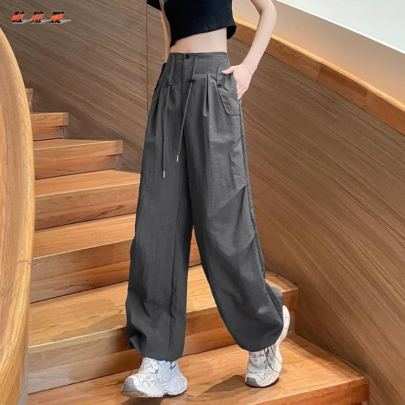 杜拉妮美式工装裤女初秋薄款2025新款高腰宽松直筒休闲运动阔腿裤