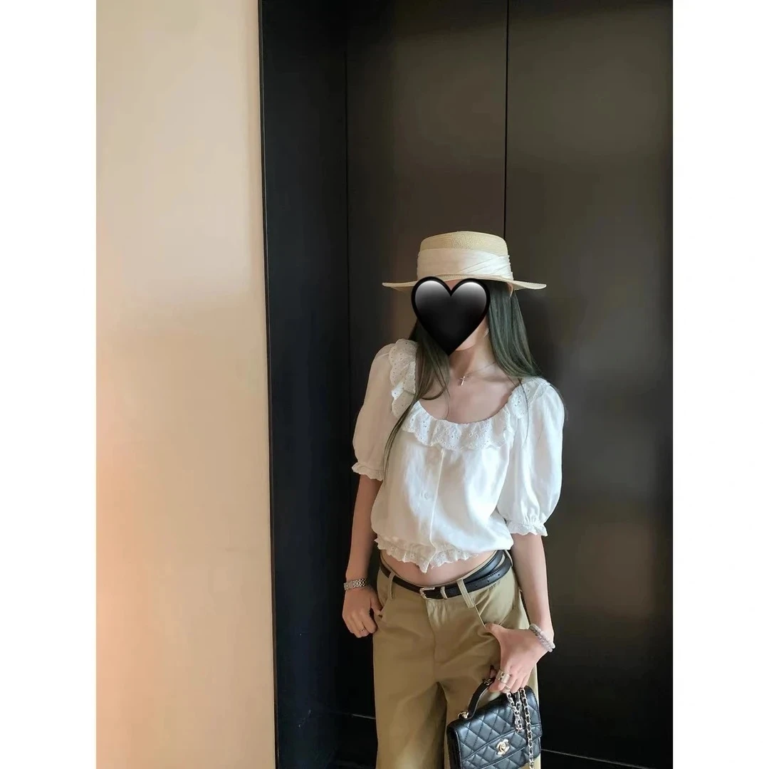 甜粿妹妹法式气质设计感镂空荷叶边短袖衬衫女装白色时尚小众短款